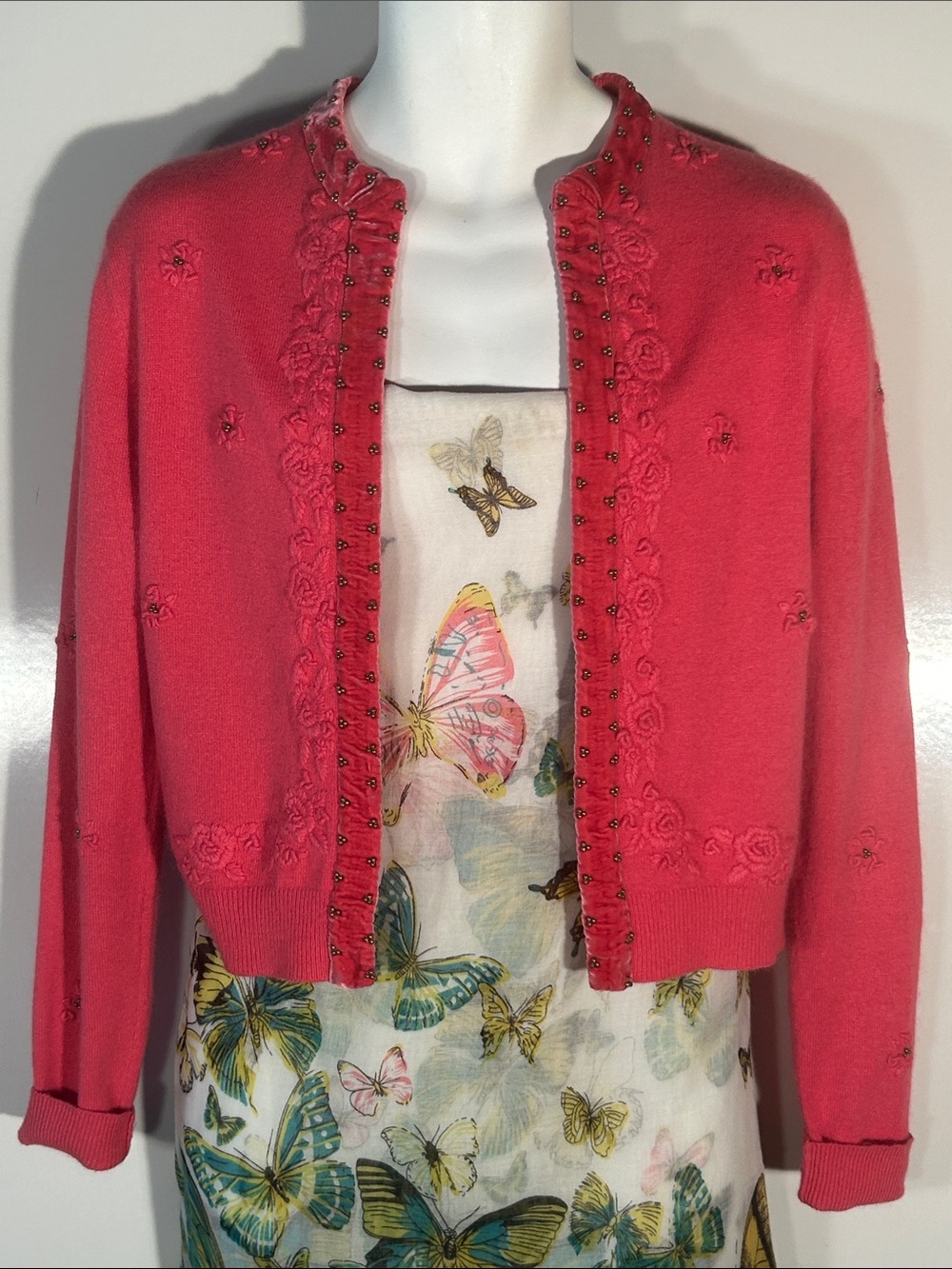 CABI Rosy Pink Angora Wool Blend Cardigan Sweater Velvet Beaded Coquette Cottage